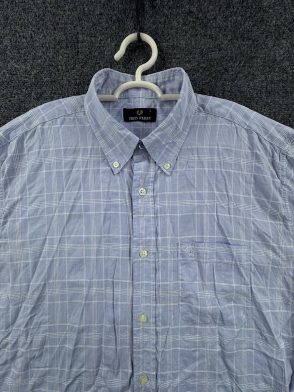 Fred Perry Large Short Sleeve Check Button-Down Blue Mens Shirt Pocket Adult